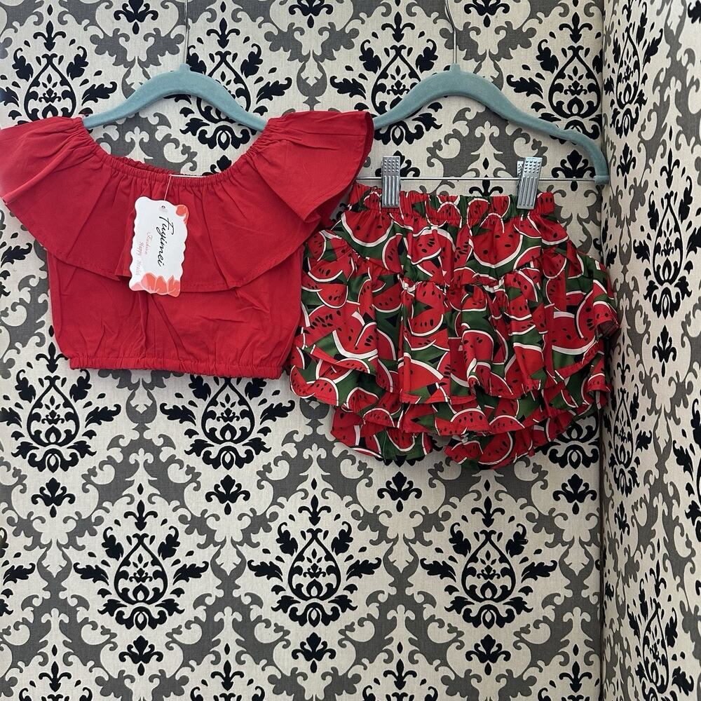 Fayimei Baby Girl Set | 12–18M (80)| Red Ruffle‎ Top & Watermelon Bloomers